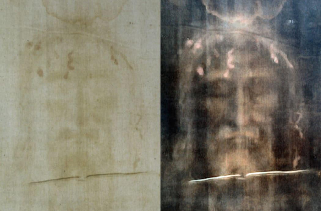 The Turin Shroud, with digital processing of the original image on the right.