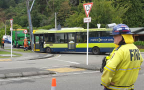 Five people are reportedly hurt and about 50 homes lost power after the Wellington Metlink bus ran across a roundabout before colliding with a power pole, on Coast Road, Wainuiomata, in Lower Hutt.