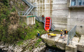 Lance Roosendaal from Rafting Adventure takes a family group on the Rangitaiki River, using the new staircase from the Aniwhenua Power Station