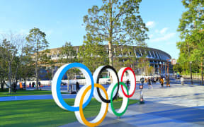 Olympic rings are displayed at Japan Sport Olympic Square near national stadium in Tokyo, Japan.