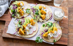 Spiced fish tacos w/ caper and dill mayo