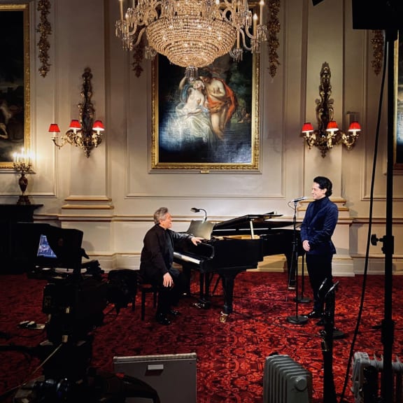 Tenor Filipe Manu and Antonio Pappano filming at the Royal Opera House, Covent Garden.
