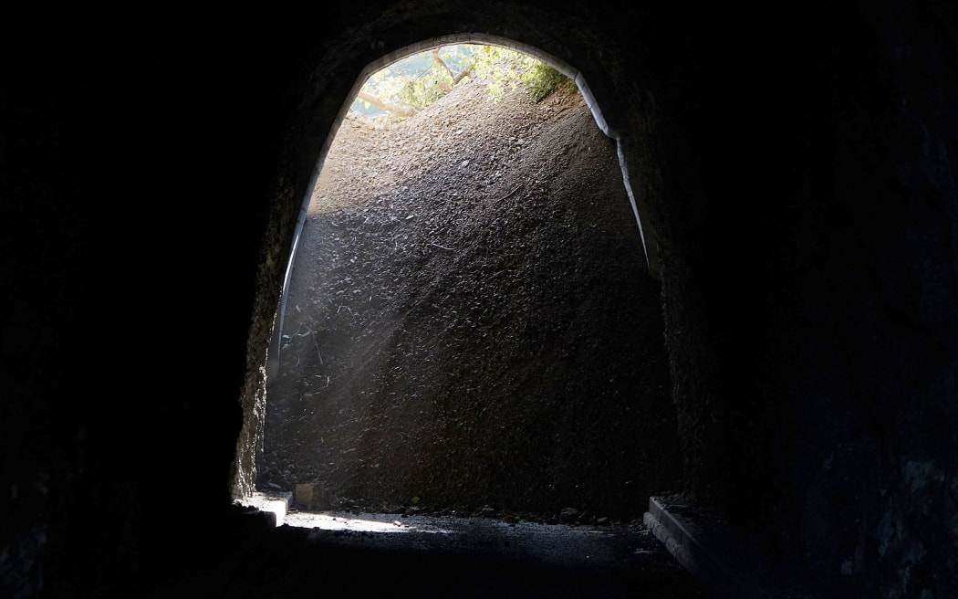 The view from inside one of the blocked road tunnels on SH1 near Kaikoura.