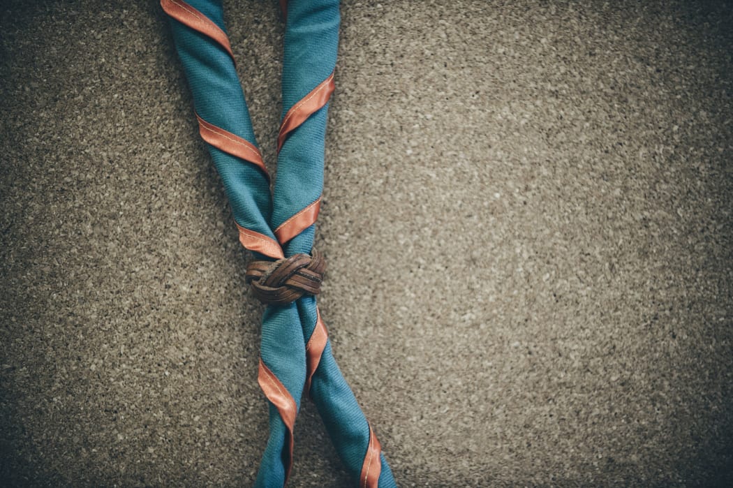 Orange,blue and yellow frame scout scarf. Concept is learning Scout subject.