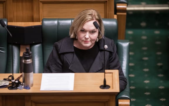 Judith Collins at the first Question time and sitting of the House  in alert level 4 lockdown in the House of Representatives debating chamber.