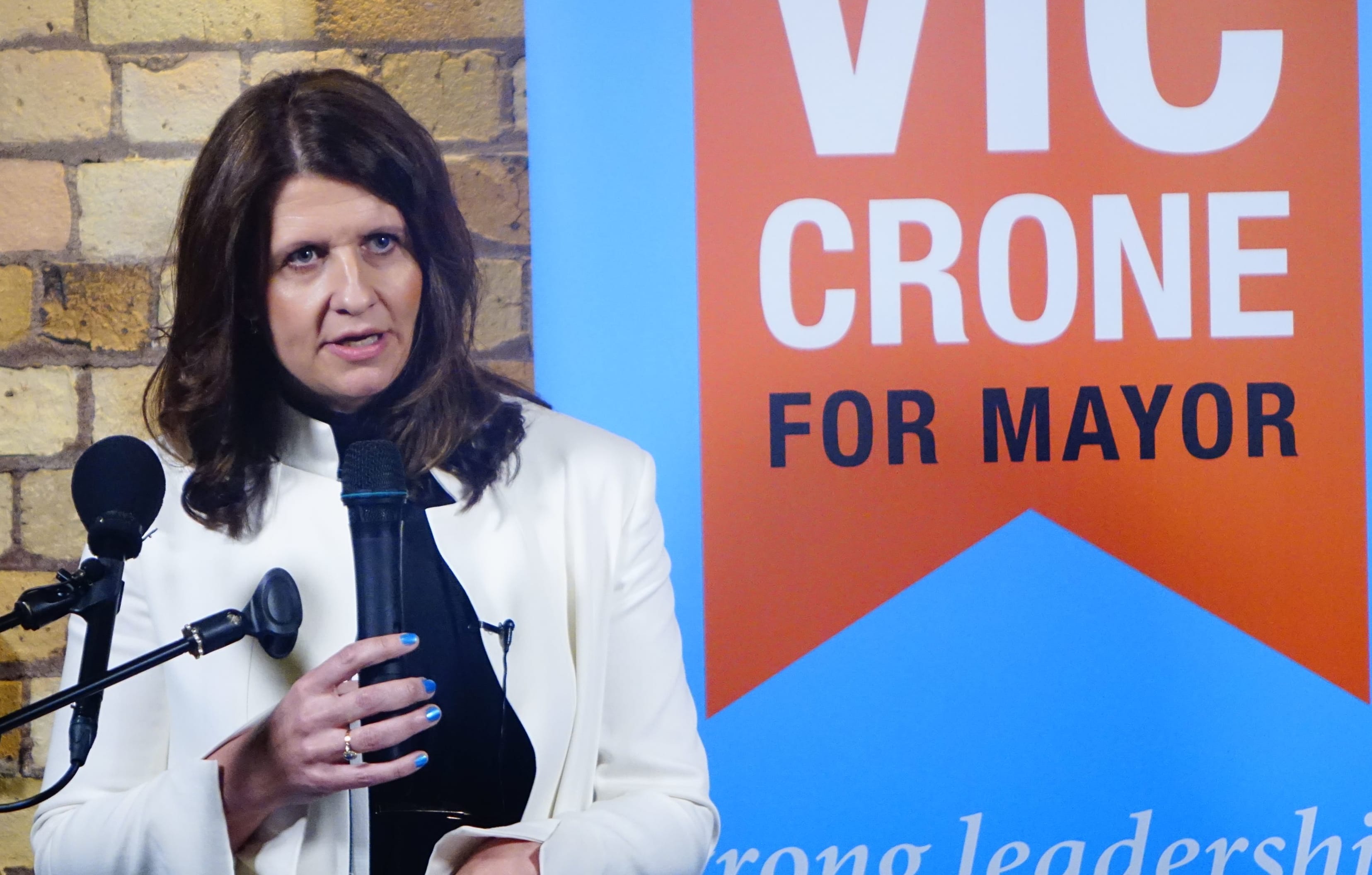 Vic Crone speaks at her mayoral campaign launch.