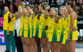 Diamonds line up for the national anthems ahead of the opening Constellation Cup test against the Silver Ferns.