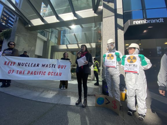 Auckland University sociology lecturer Dr. Karly Burch speaks at Fukushima protest in Auckland, New Zealand.