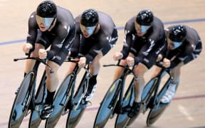 New Zealand men's track pursuit cycle team in action in 2014.