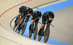 New Zealand cyclists Ally Wollaston, Bryony Botha, Emily Shearman and Nicole Shields compete during the Women's Team Pursuit at  Paris Olympics.