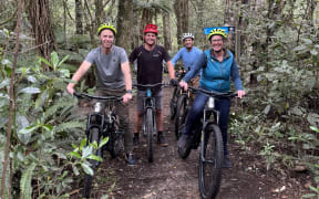 From left, Whanganui mayor and Ngā Ara Tūhono Charitable Trust chair Andrew Tripe, Cheal's Jake Sathof, Whanganui District Council's Paul Chaplow and Mountains to Sea Ngā Ara Tūhono trail manager Lynley Twyman on a section of Te Ara Mangawhero. LDR SINGLE USE
