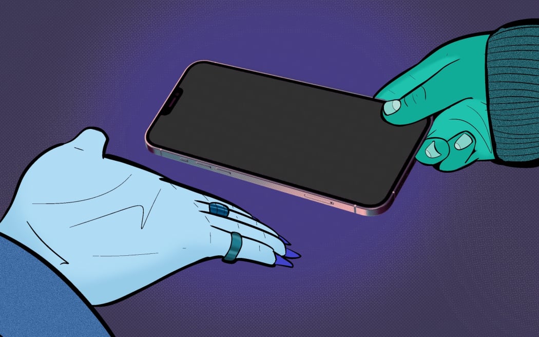 Person handing over a phone. Illustration image.