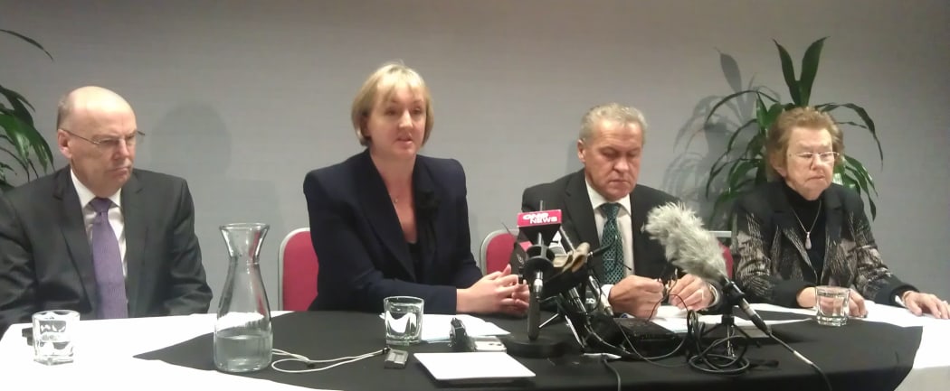 Commissioner David Caygill, left, ministers Amy Adams and David Carter and Dame Margaret Bazley.