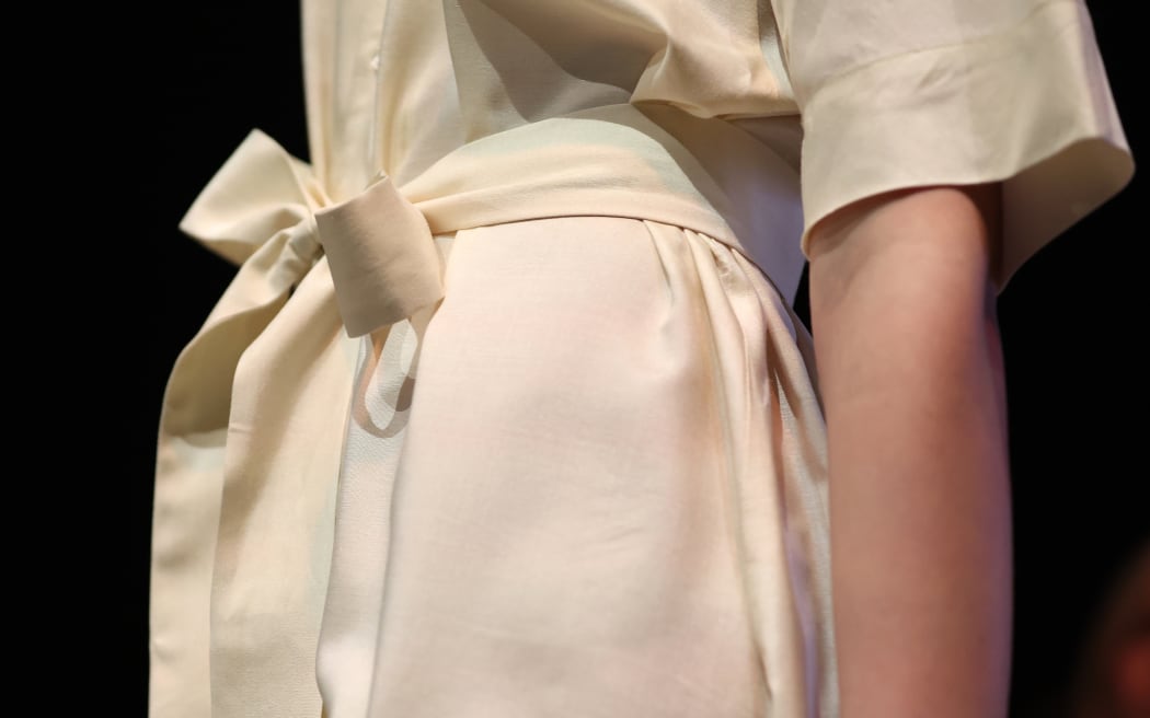 AUCKLAND, NEW ZEALAND - AUGUST 31: A model walks the runway in a design by J.Bush during the Viva Next Gen show during New Zealand Fashion Week 23: Kahuria at Viaduct Events Centre‎ on August 31, 2023 in Auckland, New Zealand.