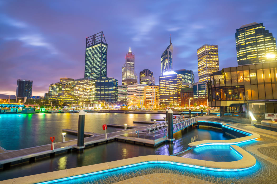 Downtown Perth skyline in Western Australia at twilight.