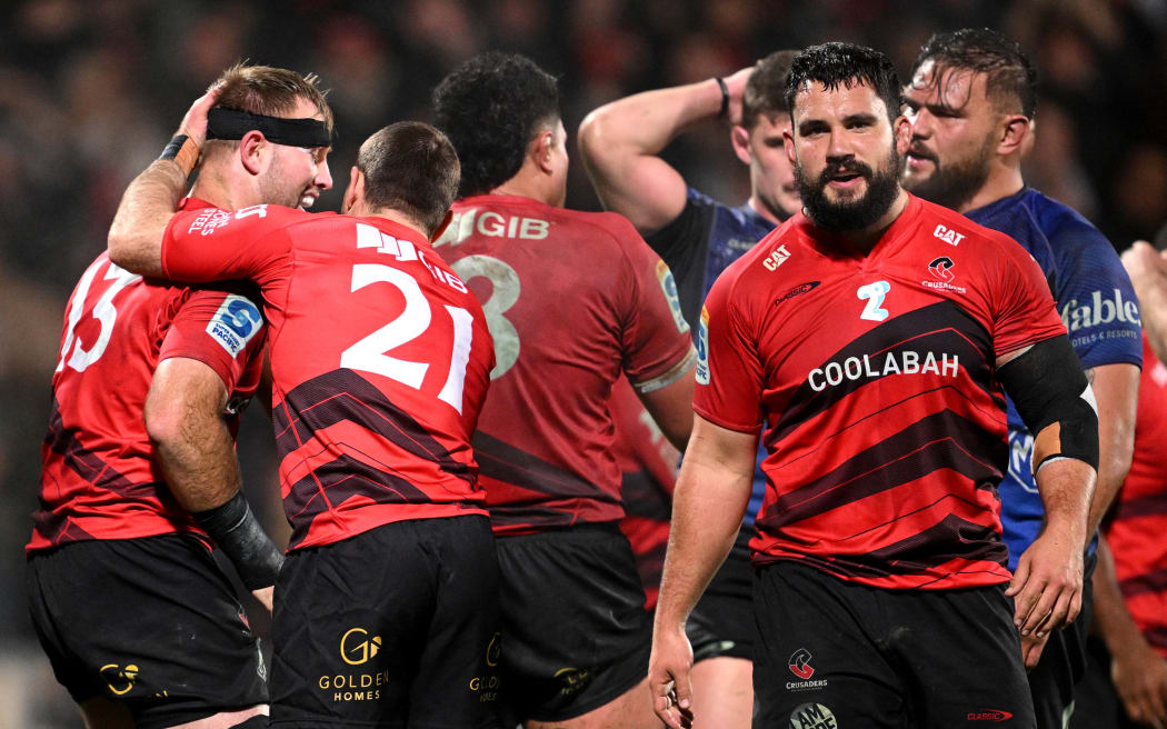 CHRISTCHURCH, NEW ZEALAND - JUNE 13: Kershawl Sykes-Martin of the Crusaders celebrates after winning the Super Rugby Pacific Semi Final match between Crusaders and Blues at Apollo Projects Stadium, on June 13, 2025, in Christchurch, New Zealand. (Photo by Joe Allison/Getty Images)