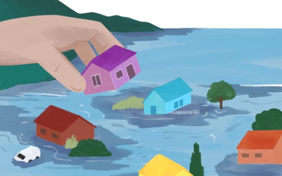 Stylised illustration of hand picking up house from flood zone