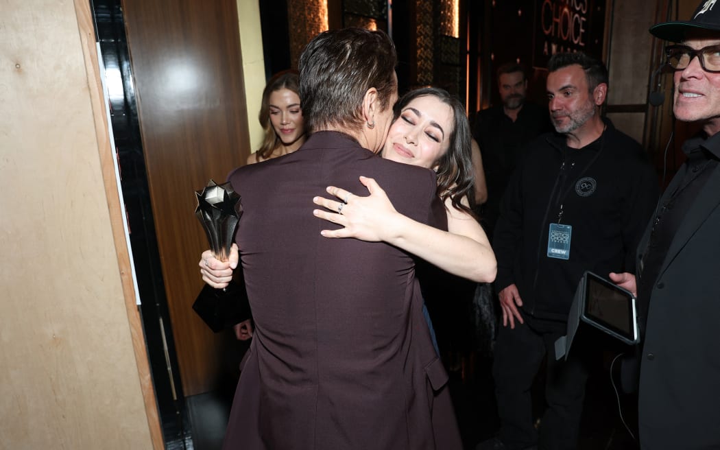Colin Farrell, winner of the Best Actor in a Limited Series or Movie Made for Television Award for “The Penguin”, and Cristin Milioti, winner of the Best Actor in a Best Actress in a Limited Series or Movie Made for Television Award for “The Penguin”, backstage during the 30th Annual Critics Choice Awards.