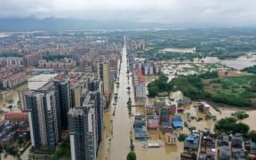 An aerial drone photo taken on 21 April, 2024, shows a submerged area in Hanguang Town of Qingyuan, south China's Guangdong Province.
