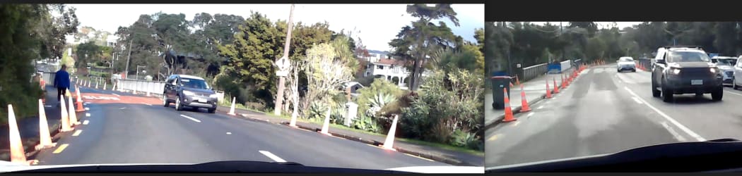 Image shows cones lining up next to the pedestrian path.