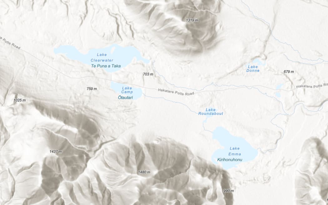 A map showing a number of the lakes in the Hakatere Conservation Park, in mid Canterbury.