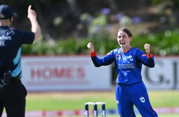 Fran Jonas celebrates a wicket.