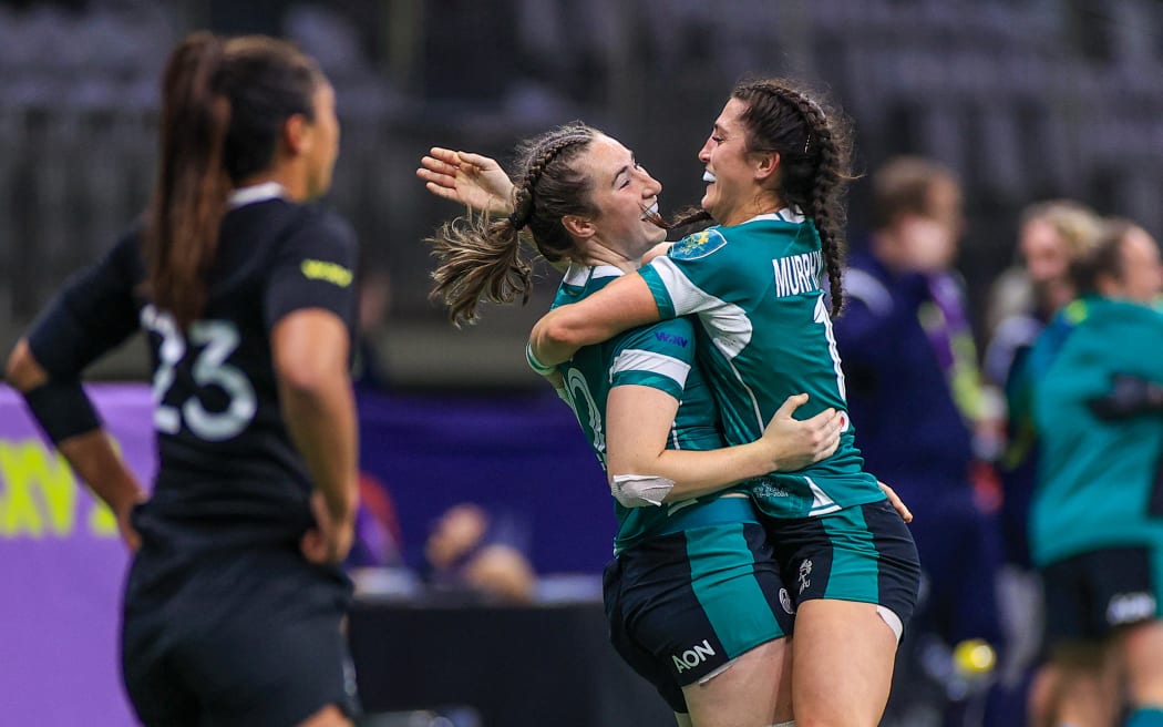 Eve Higgins of Ireland (left) and Amee Leigh Murphy Crowe of Ireland celebrate their win over the New Zealand Black Ferns.
New Zealand Black Ferns v Ireland Women, 2024 WXV1 women’s rugby union match at BC Place, Vancouver, Canada on Sunday 29 September 2024.
Photo: Paul Yates / www.photosport.nz