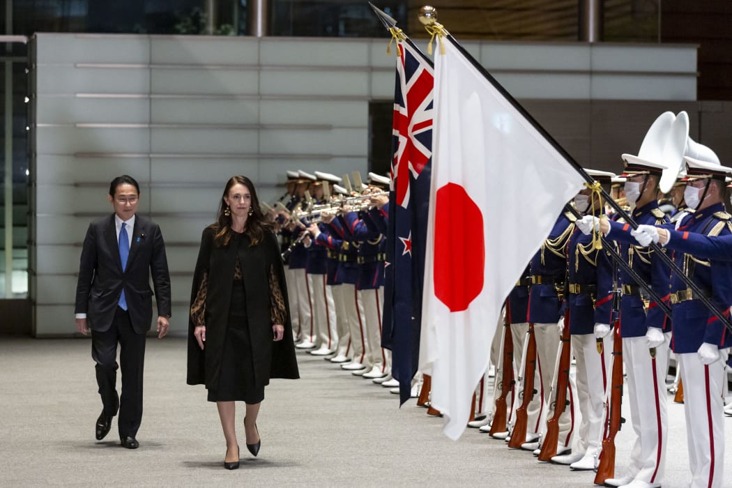Prime Minister Jacinda Ardern during a visit to Japan in April 2022, where she was expected to discuss issues, including regional security following a decision by the Solomon Islands to sign a security pact with China, with Japanese Prime Minister Fumio Kishida (left).