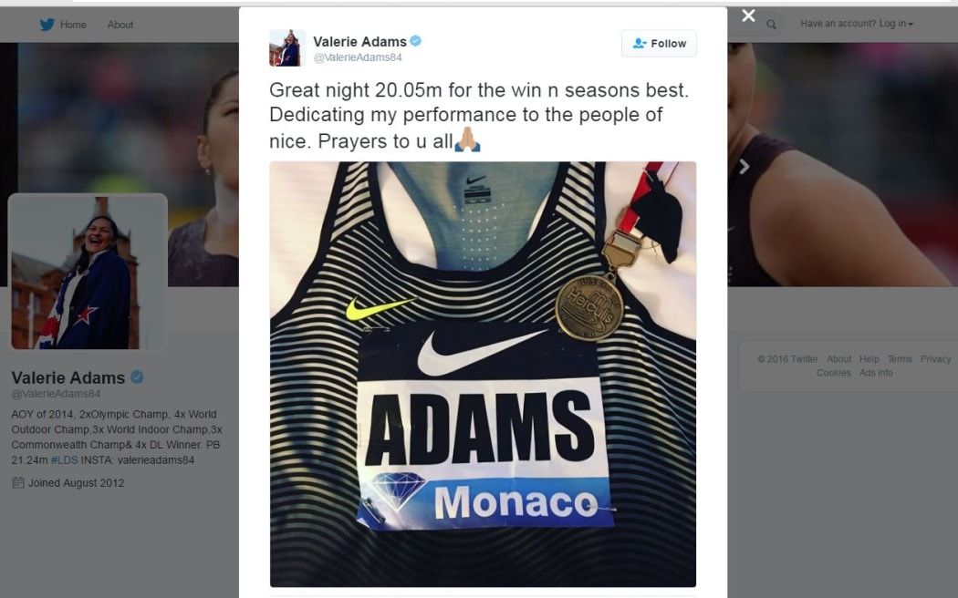 Val Adams dedicated her win to the victims of the Bastille Day attack in Nice.