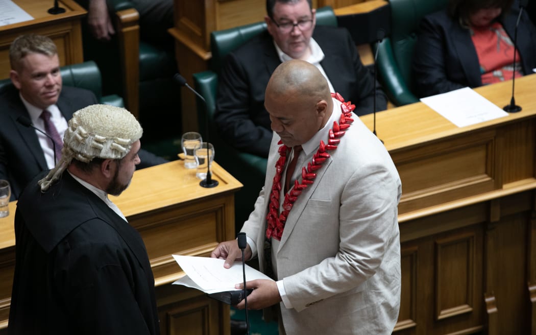 Efeso Collins being sworn in as a Member of Parliament, 5 December 2023.