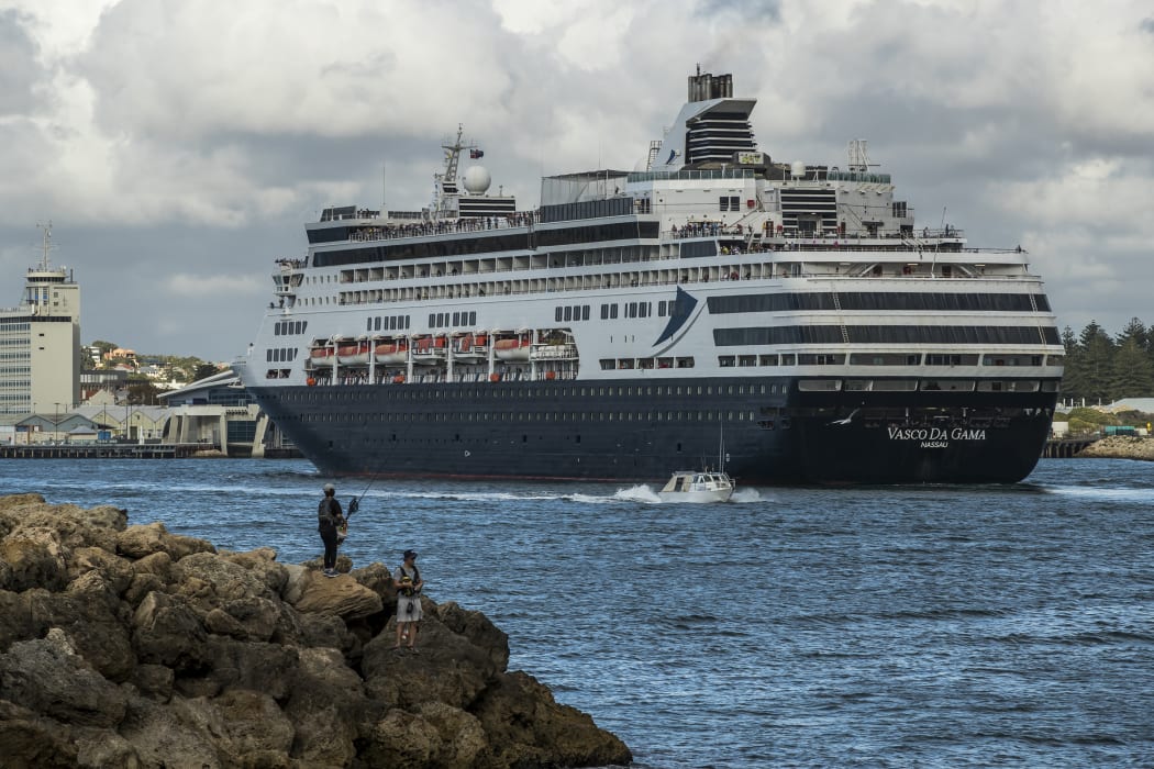 Cruise ship CMV Vasco arrives at the port of Fremantle for emergency refuelling and supplies on March 27, 2020.