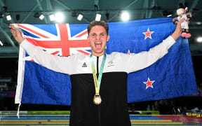 New Zealand swimmer Lewis Clareburt reacts after winning gold in the Men's 200m Butterfly during Day 3 of the Commonwealth Games at the Sandwell Aquatics Centre in Birmingham.