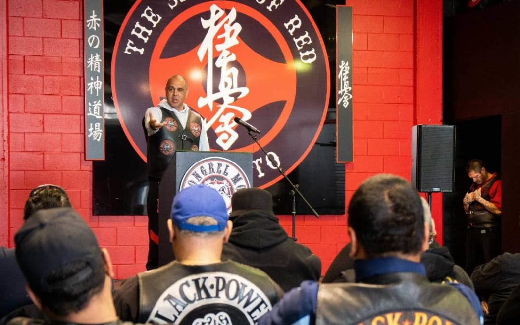 Members of the Mongrel Mob and Black Power came together for a landmark meeting in Hamilton on a range of issues in 2018. Among those speaking at the event was Senior Mongrel Mob Waikato member Mark Griffiths.