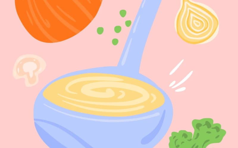 Illustration of soup and garlic.