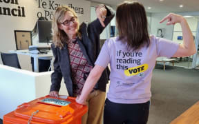 Susan Freeman-Greene, left, and Jennifer Parker promote local body elections voting