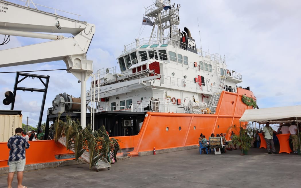 The arrival of mining research vessel Anuanua Moana at Avatiu harbour, Rarotonga, earlier this month. The ship belongs to Moana Minerals, one of three companies with exploration permits for deep-sea mining in ‘Avaiki Nui. (Photo: Cook Islands’ Seabed Minerals Authority)