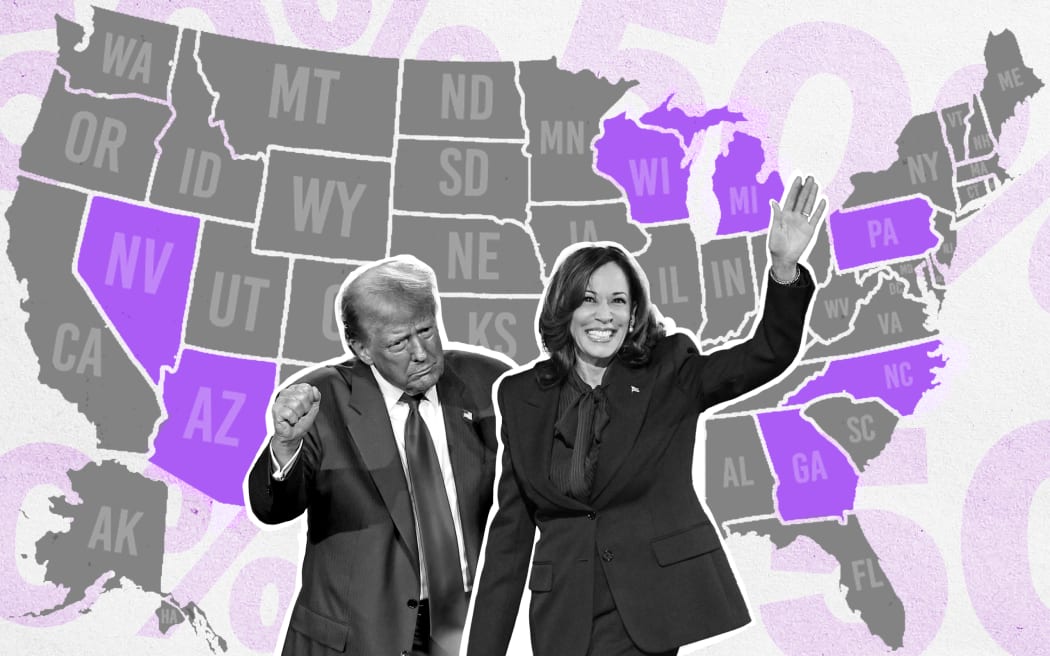 Composite of Kamala Harris and Donald Trump in front of swing state map of USA