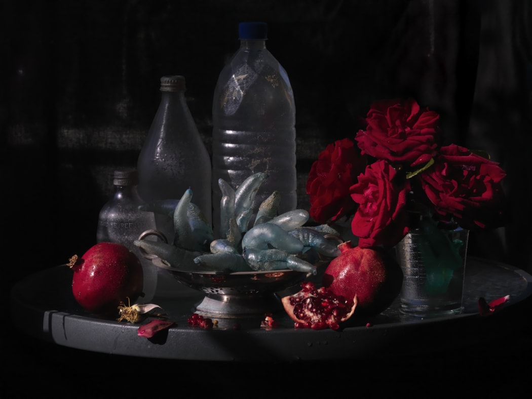 Fiona Pardington's photograph: My Mother's Roses, Pomegranates and Silver Platter of Ihumoana, Ripiro Beach 2013