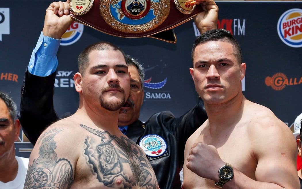 Andy Ruiz Jr, left, and Joseph Parker weigh in before the WBO world boxing heavyweight title fight.