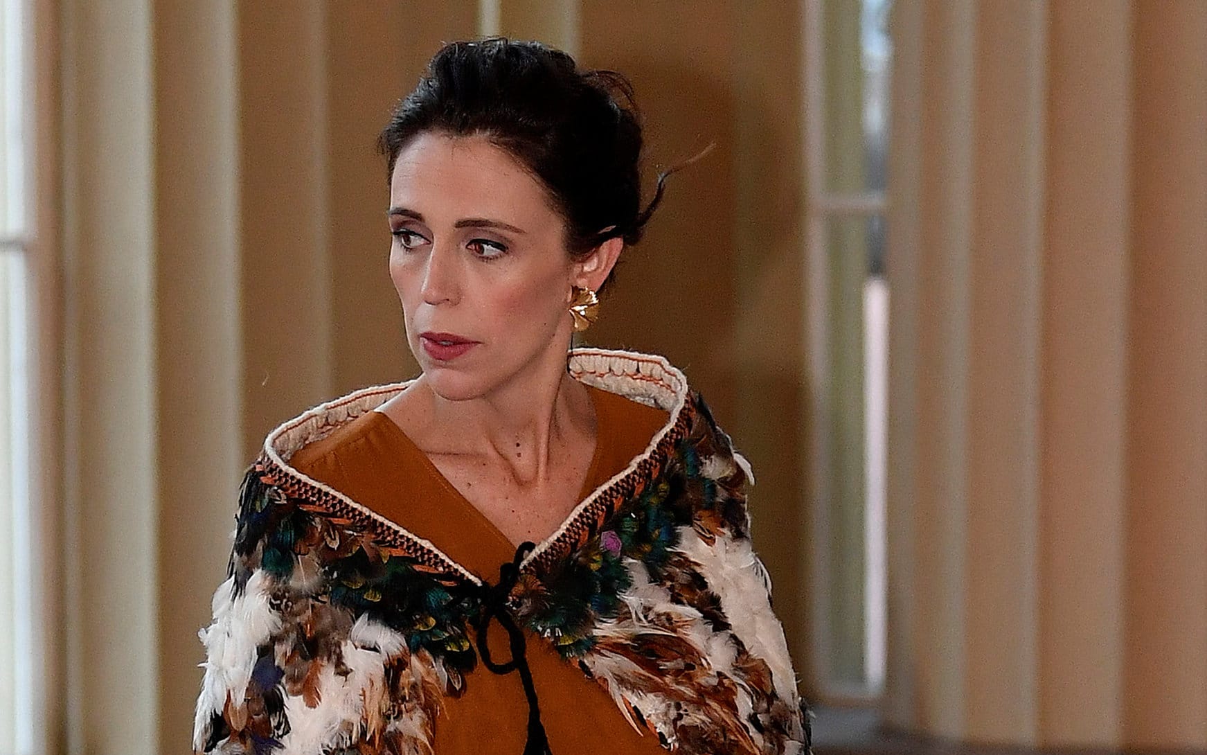 Prime Minister Jacinda Ardern arrives at the Grand Entrance to attend The Queen's Dinner during The Commonwealth Heads of Government Meeting (CHOGM), at Buckingham Palace in London on April 19, 2018.