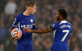 Chelsea team-mates Cole Palmer (L) amd Raheem Sterling.