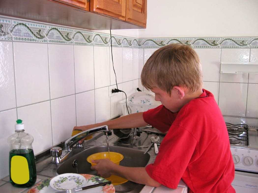 Boy doing the dishes