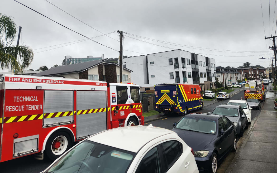 Firetrucks responding to a worker being trapped under a steel pole at the Central Interceptor site in Sandringham, Auckland.