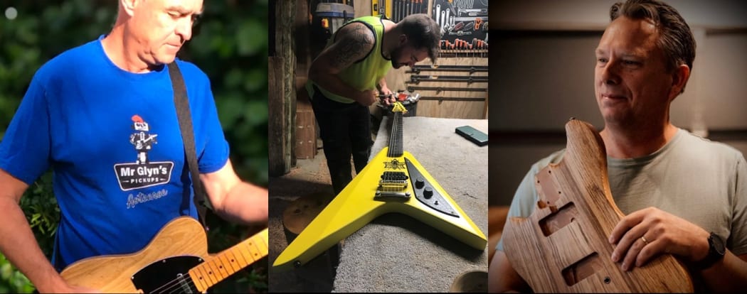 Three people in three separate images collaged. The first image is a man in a blue shirt that reads 'Mr.Glyn's Pickups' and he is holding a wood-grain electric guitar. The second image is of a man in a high-vis vest in a dark workshop, messing with the top of a bright yellow guitar laid out on a table coming towards the camera. The guitar features an insect design in the middle. The third image is a man holding an unfinished guitar carved from wood.