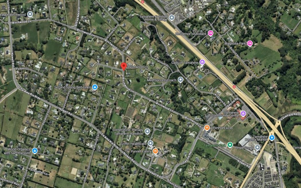 An aerial view of Birchwood Lane in Tamahere shows the road is a feeder for Newell Rd and also traffic from Airport Rd into the Hamilton suburb of Hillcrest via Alfred Main Dr. Traffic using Alfred Main Dr cannot access the Waikato Expressway.