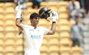 Rachin Ravindra of New Zealand celebrate his century during day 3 of the1st Test Match between India and New Zealand held at the M.Chinnaswamy Stadium, Bengaluru.

Photo by Arjun Singh / Sportzpics for BCCI