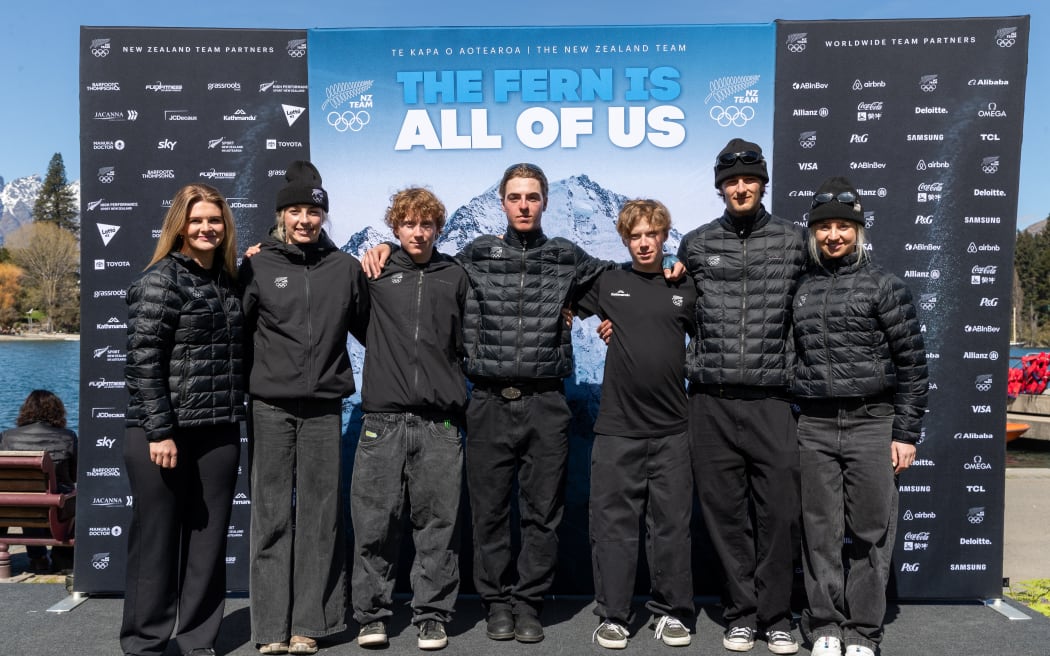 New Zealand Olympians (L to R) Alice Robinson, Zoi Sadowski-Synnott, Luca Harrington, Fin Melville Ives, Cam Melville Ives, Ben Barclay and Ruby Star Andrews pictured during the New Zealand Team first selection announcement for 2026 Winter Olympic Games.