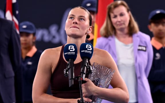 Marta Kostyuk of Ukraine speaks after defeat in the women's singles final against Aryna Sabalenka of Belarus at the Brisbane International tennis tournament in Brisbane.