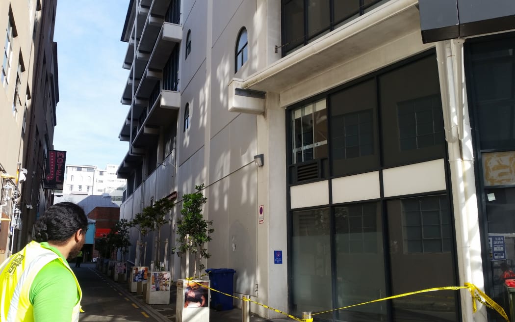 The evacuated ANZ building, with the flat vertical concrete panelling that is causing concern.
