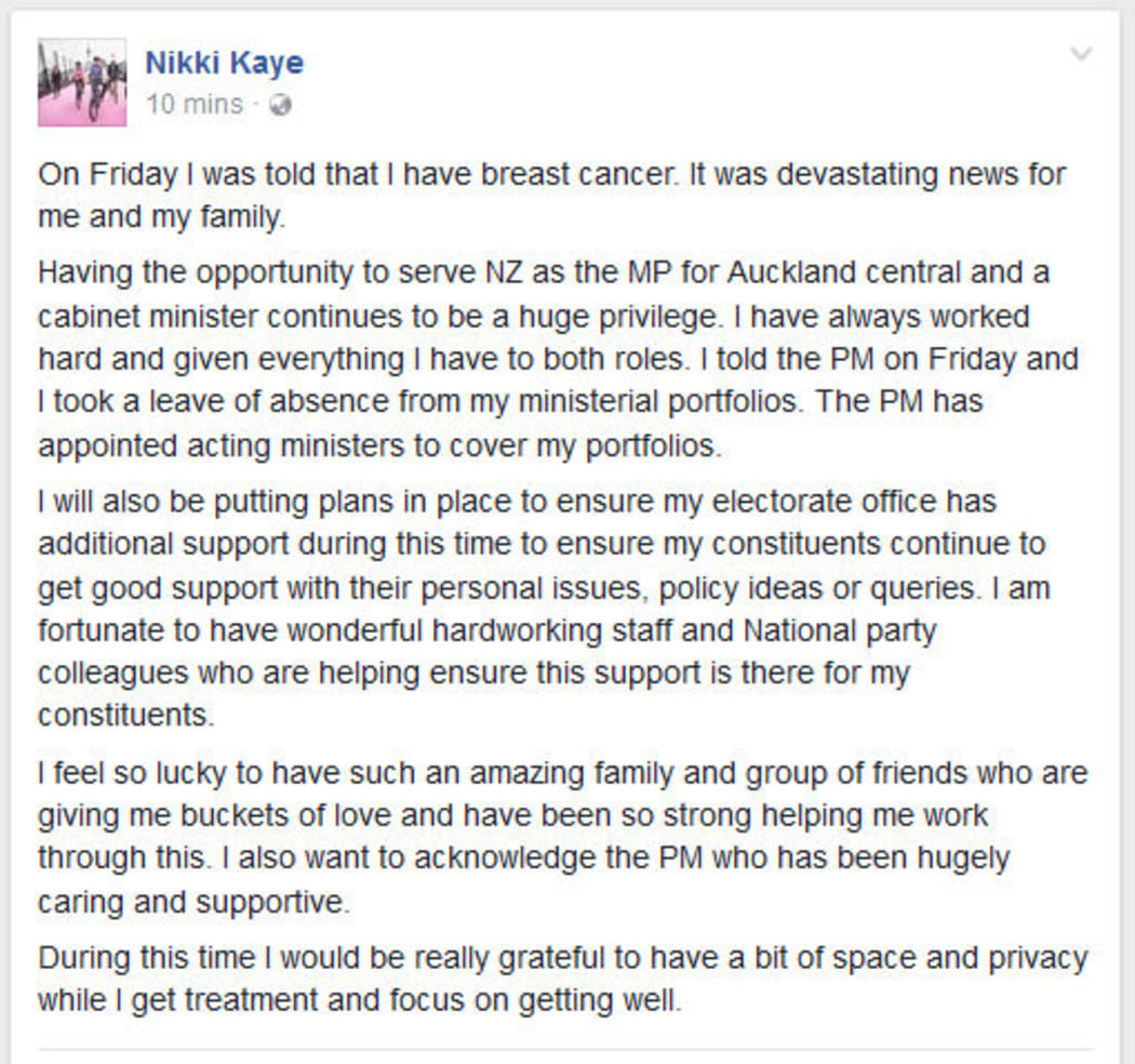 Nikki Kaye is on leave from her ministerial portfolios after a breast cancer diagnosis.